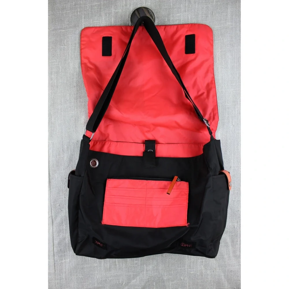 Y2K Esprit Messenger Bag Black Nylon Pink Lining Crossbody Shoulder Bag